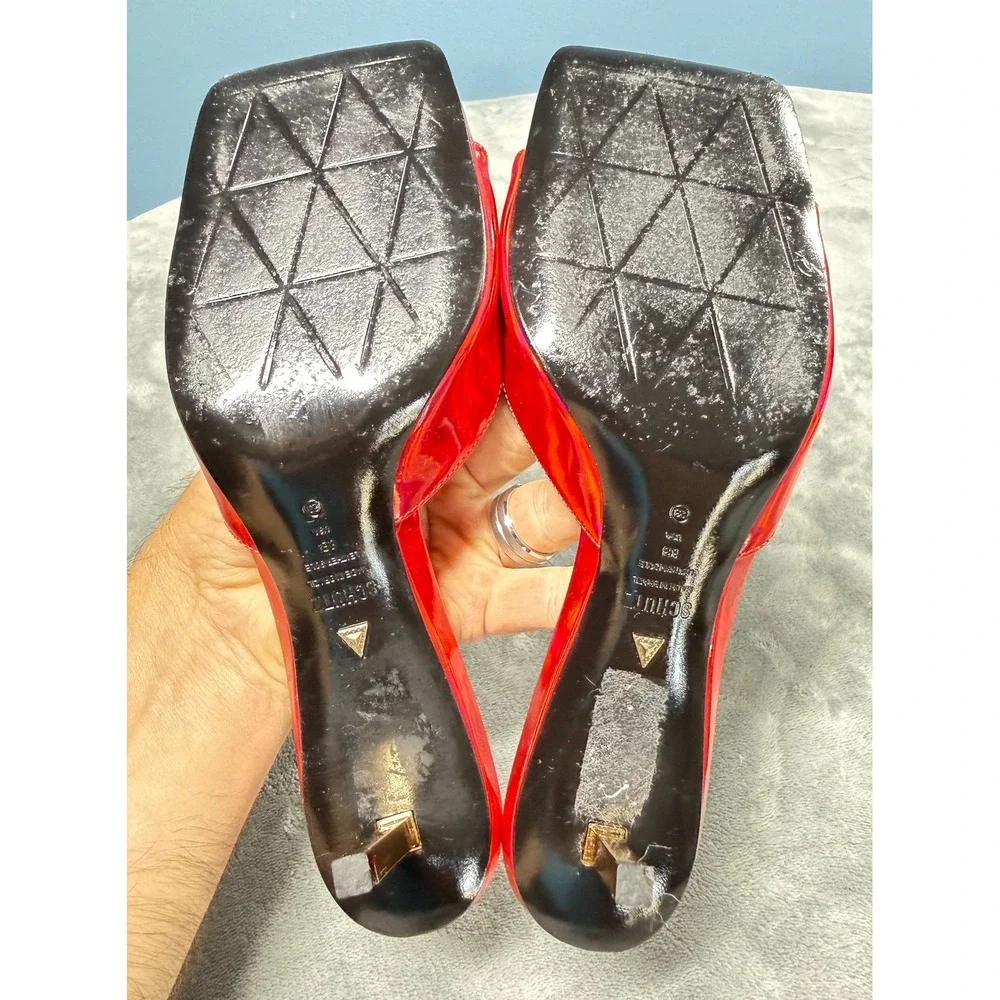 Schutz Sandals Womens 8B Red Holographic Square Toe Heels Slide